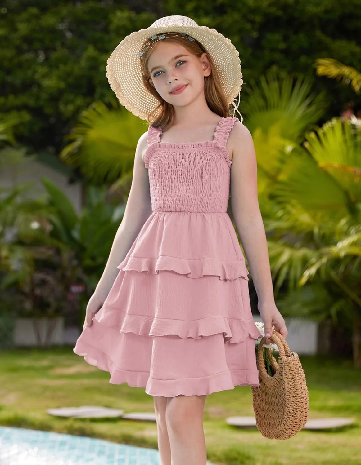 GRACE KARIN Girls Summer Dresses Tie Back Smocked A-Line Ruffle Hem Casual Elegant Midi Sundress Size 5-12 Years