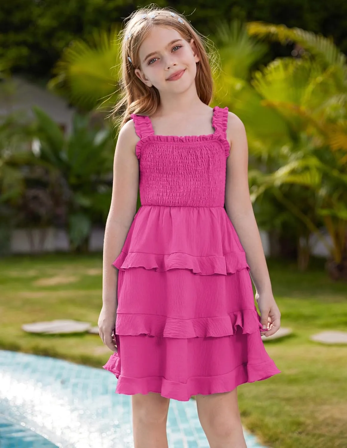 GRACE KARIN Girls Summer Dresses Tie Back Smocked A-Line Ruffle Hem Casual Elegant Midi Sundress Size 5-12 Years