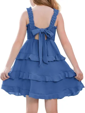 GRACE KARIN Girls Summer Dresses Tie Back Smocked A-Line Ruffle Hem Casual Elegant Midi Sundress Size 5-12 Years