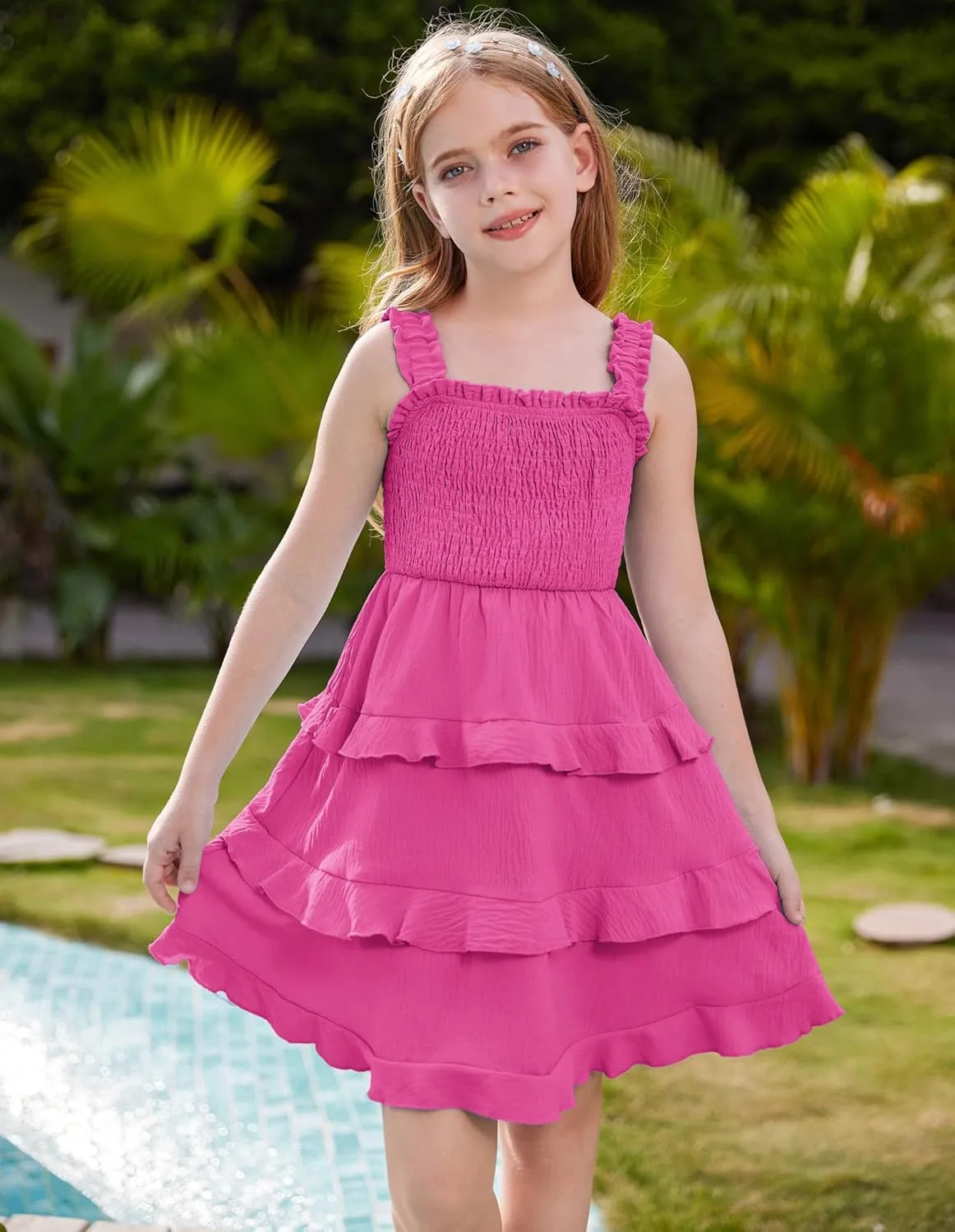 GRACE KARIN Girls Summer Dresses Tie Back Smocked A-Line Ruffle Hem Casual Elegant Midi Sundress Size 5-12 Years
