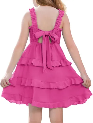 GRACE KARIN Girls Summer Dresses Tie Back Smocked A-Line Ruffle Hem Casual Elegant Midi Sundress Size 5-12 Years