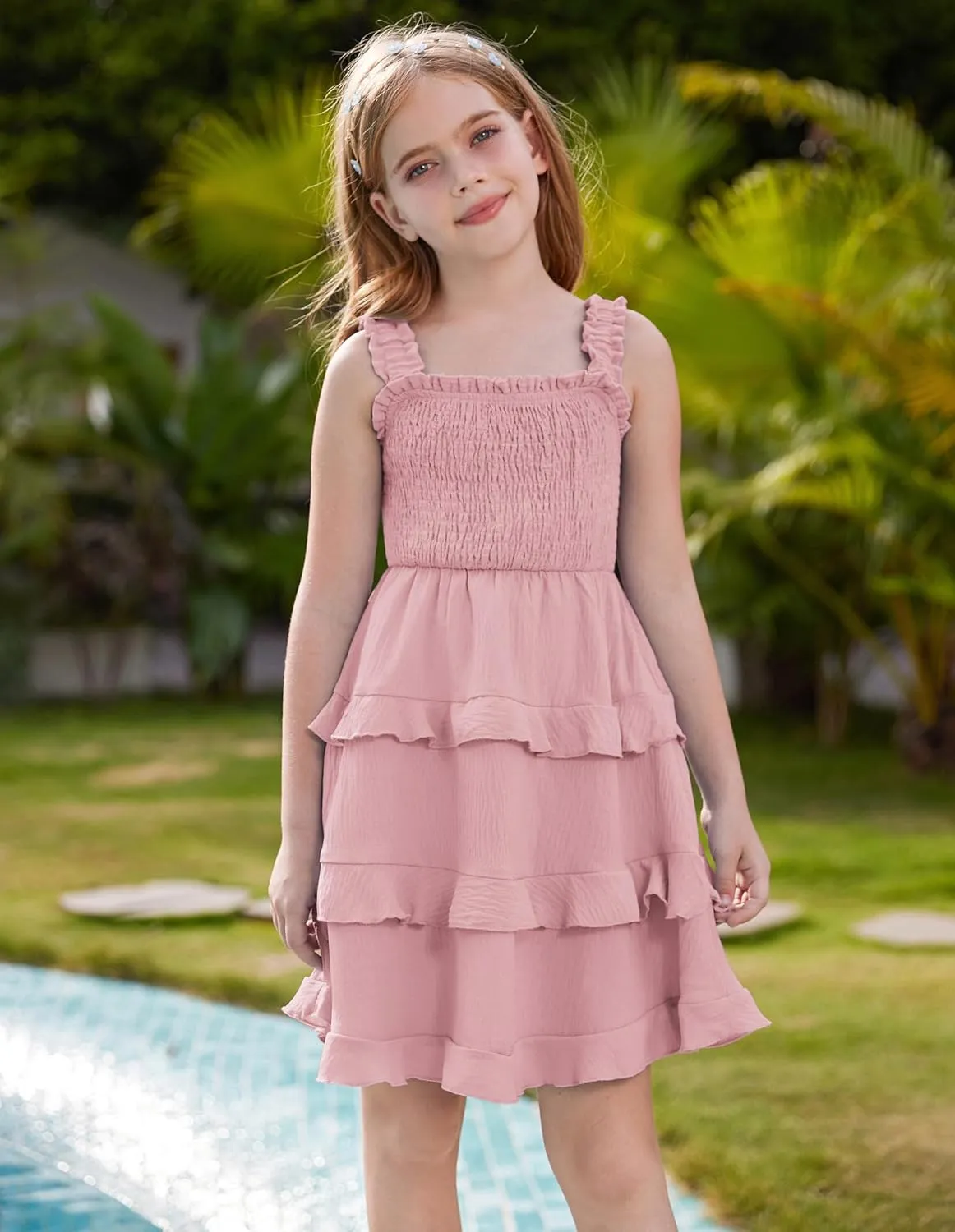 GRACE KARIN Girls Summer Dresses Tie Back Smocked A-Line Ruffle Hem Casual Elegant Midi Sundress Size 5-12 Years