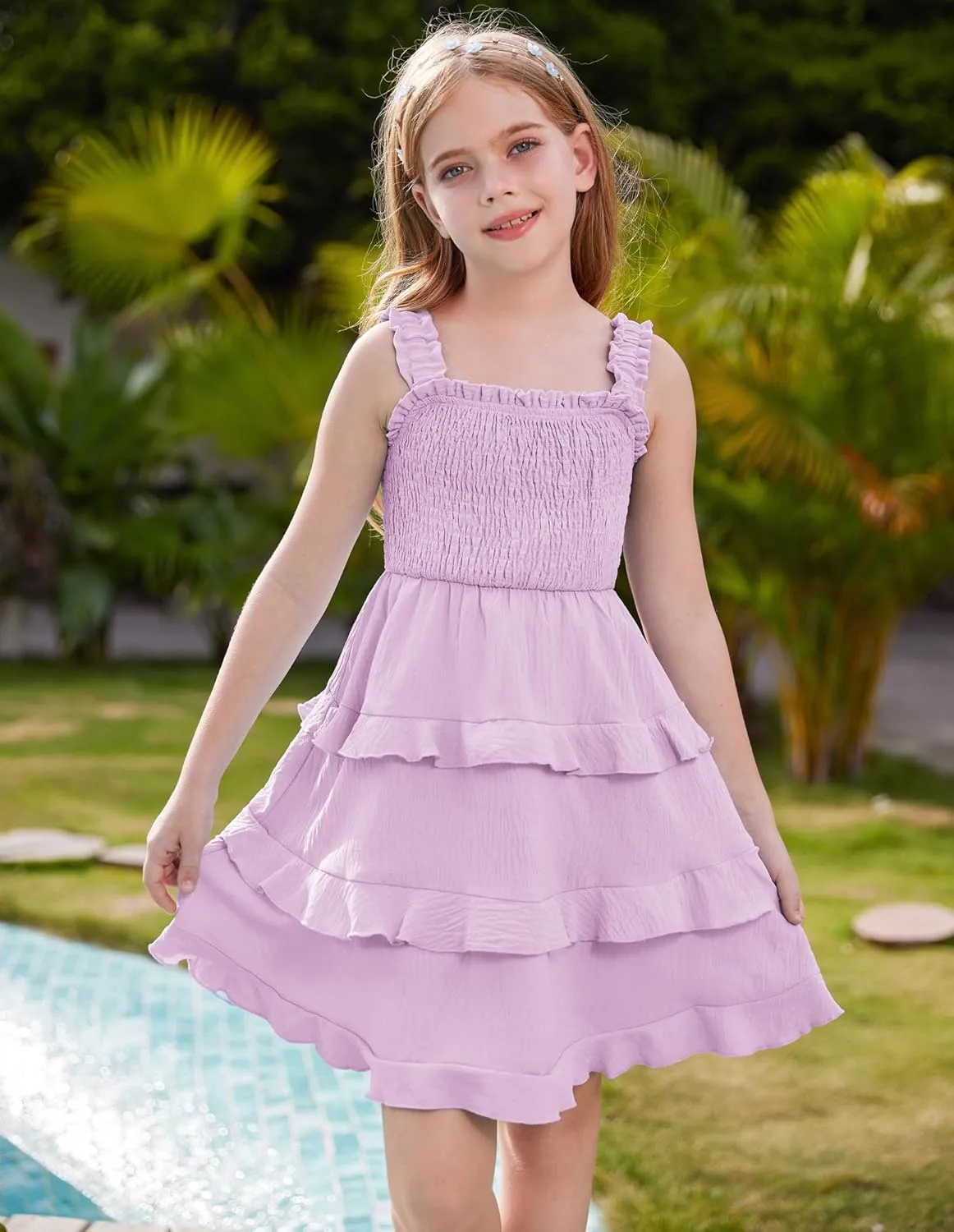 GRACE KARIN Girls Summer Dresses Tie Back Smocked A-Line Ruffle Hem Casual Elegant Midi Sundress Size 5-12 Years