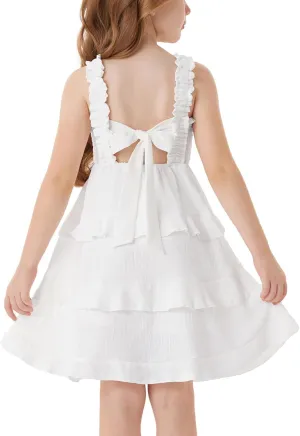 GRACE KARIN Girls Summer Dresses Tie Back Smocked A-Line Ruffle Hem Casual Elegant Midi Sundress Size 5-12 Years