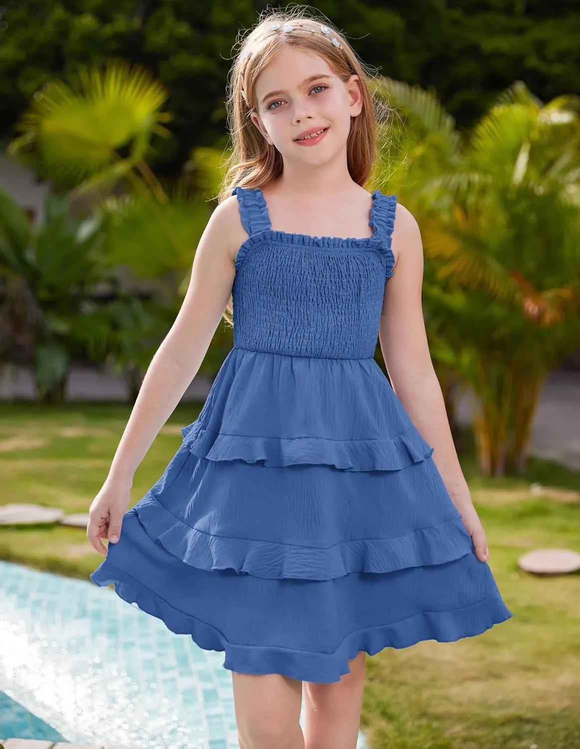 GRACE KARIN Girls Summer Dresses Tie Back Smocked A-Line Ruffle Hem Casual Elegant Midi Sundress Size 5-12 Years