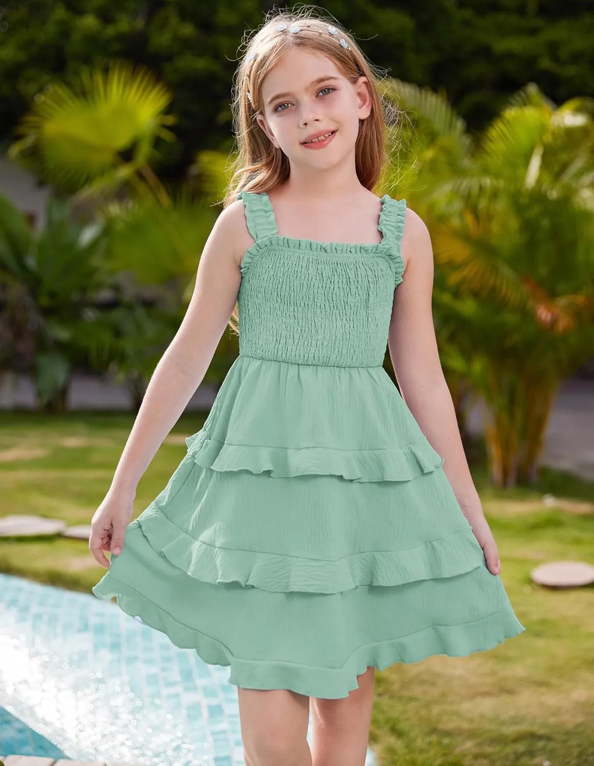 GRACE KARIN Girls Summer Dresses Tie Back Smocked A-Line Ruffle Hem Casual Elegant Midi Sundress Size 5-12 Years