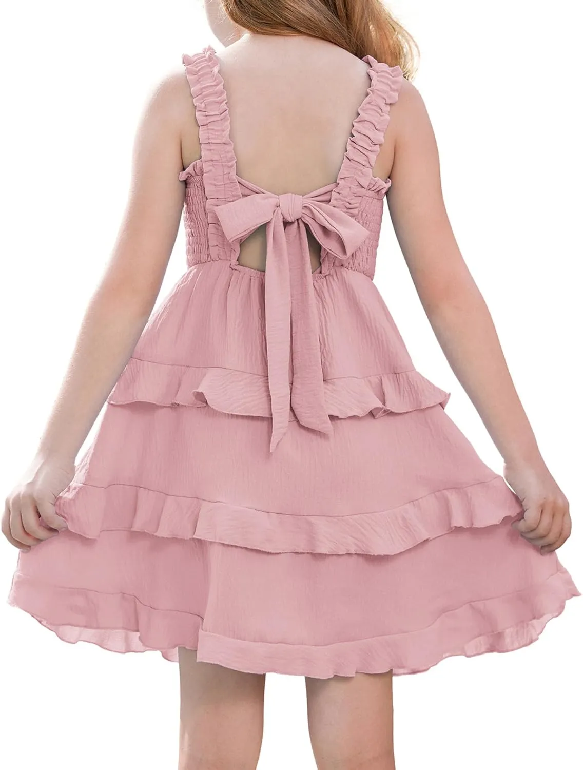 GRACE KARIN Girls Summer Dresses Tie Back Smocked A-Line Ruffle Hem Casual Elegant Midi Sundress Size 5-12 Years