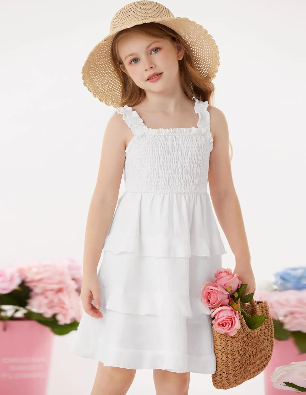 GRACE KARIN Girls Summer Dresses Tie Back Smocked A-Line Ruffle Hem Casual Elegant Midi Sundress Size 5-12 Years