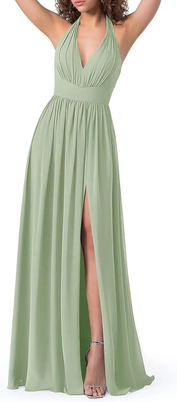 Halter Chiffon Bridesmaid Dresses for Women 2024 Long Pleated Formal Dresses with Slit Evening Party Gown