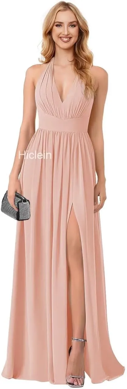 Halter Chiffon Bridesmaid Dresses for Women 2024 Long Pleated Formal Dresses with Slit Evening Party Gown