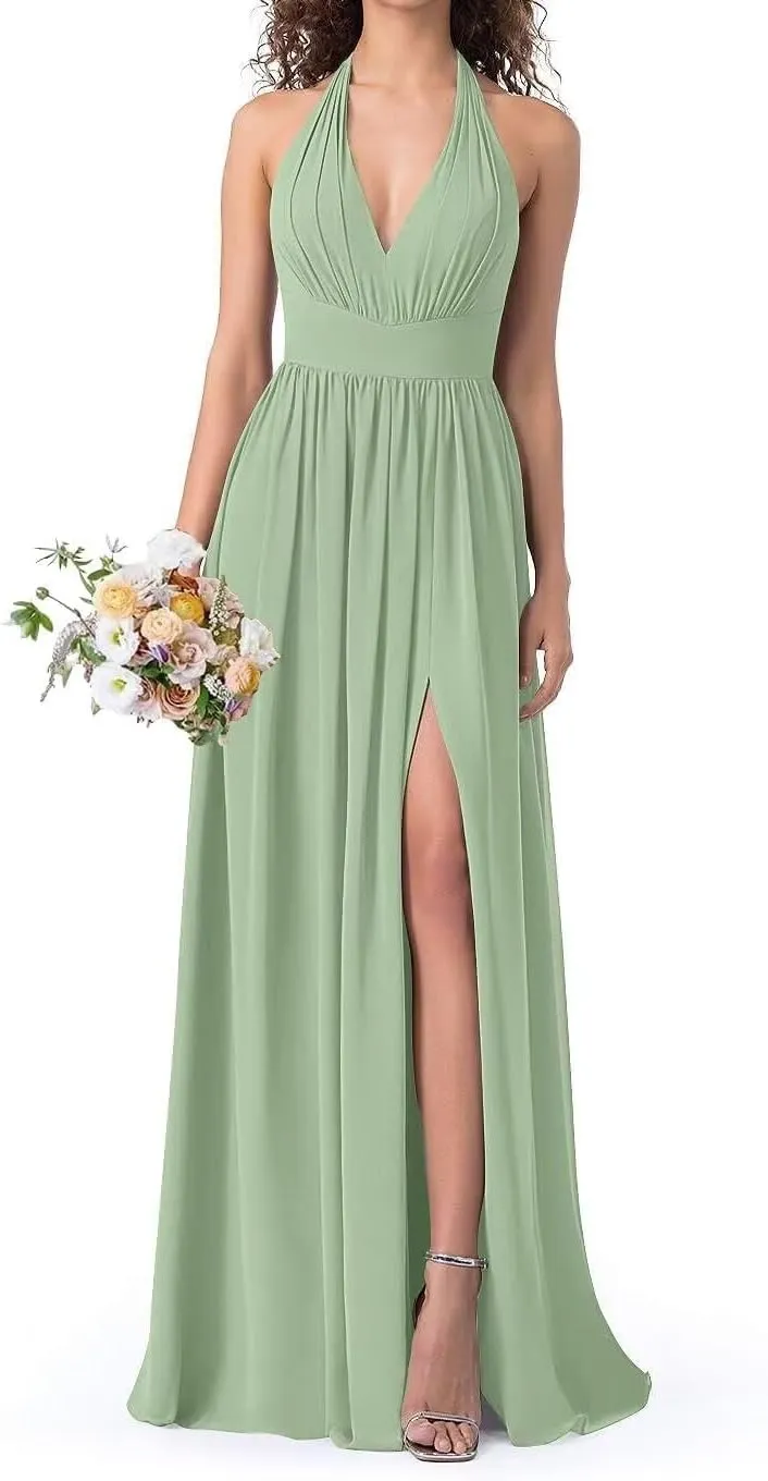 Halter Chiffon Bridesmaid Dresses for Women 2024 Long Pleated Formal Dresses with Slit Evening Party Gown