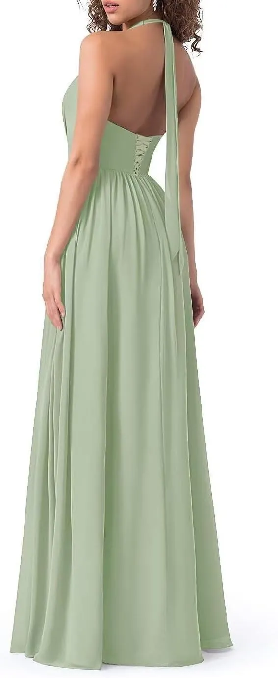 Halter Chiffon Bridesmaid Dresses for Women 2024 Long Pleated Formal Dresses with Slit Evening Party Gown