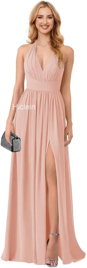Halter Chiffon Bridesmaid Dresses for Women 2024 Long Pleated Formal Dresses with Slit Evening Party Gown