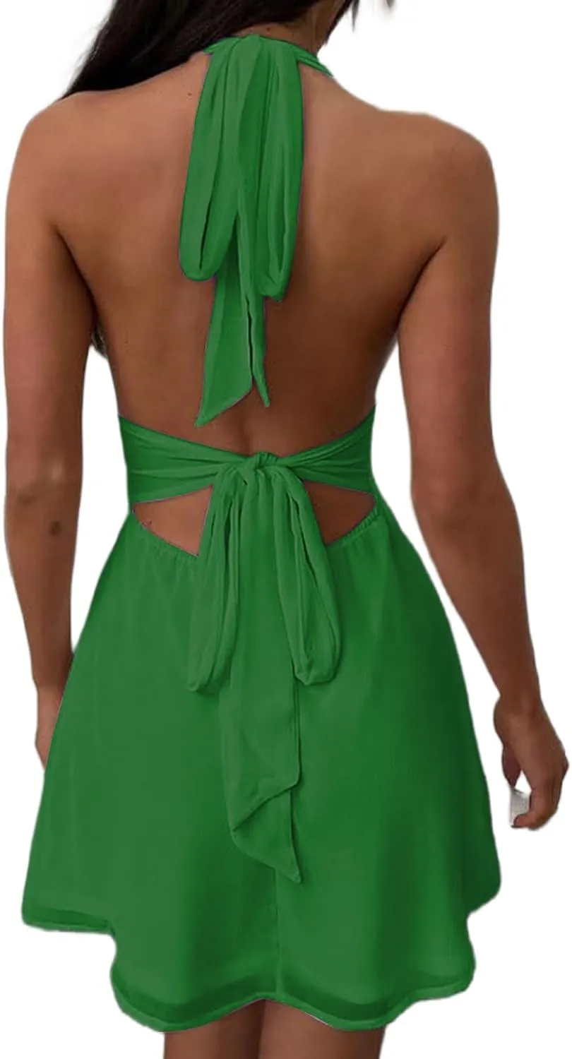 Halter Dress for Women Casual Summer Sexy Deep V Neck Dresses Flowy Chiffon Bow Tie Backless Mini Dress