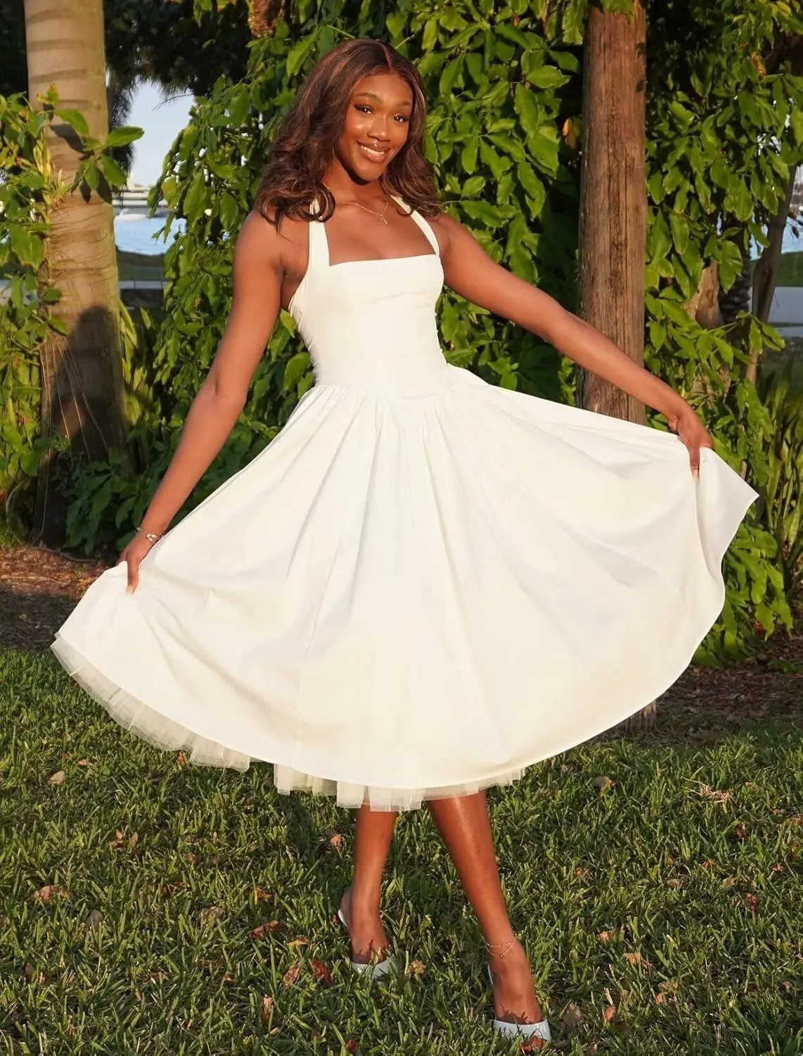 Halter Satin Prom Dresses for Women 2025 Tea Length Pleated Formal Evening Gown A Line Ball Gowns