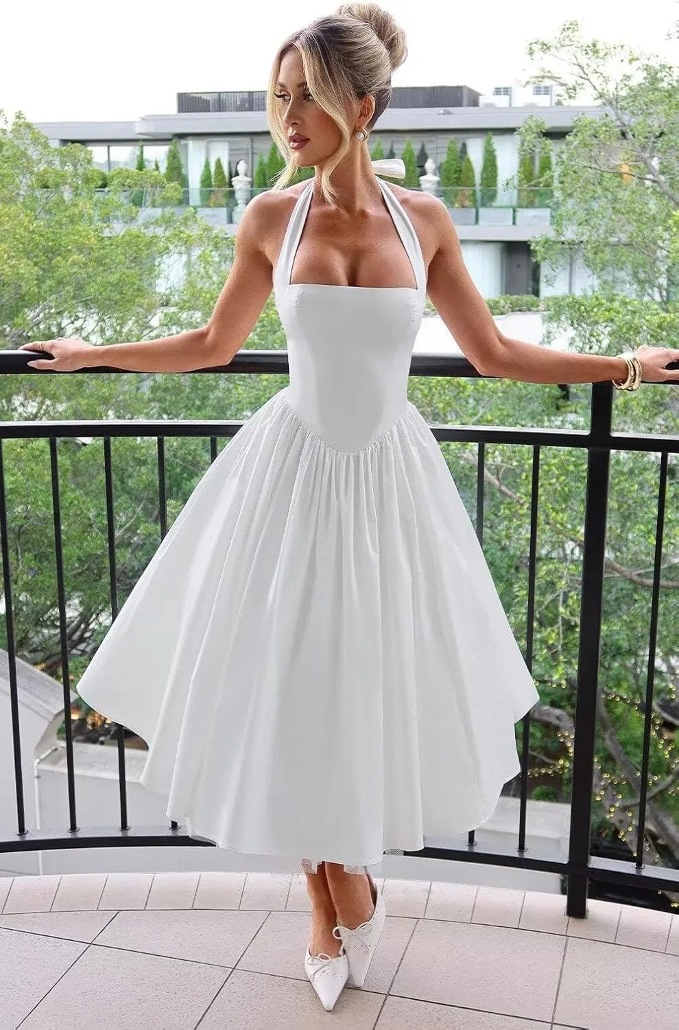 Halter Satin Prom Dresses for Women 2025 Tea Length Pleated Formal Evening Gown A Line Ball Gowns