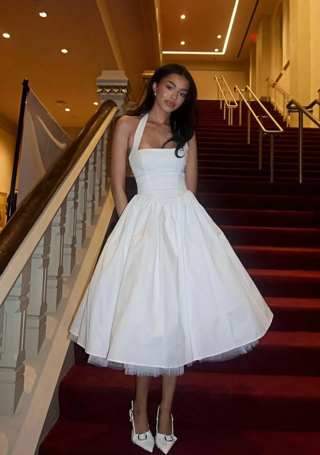 Halter Satin Prom Dresses for Women 2025 Tea Length Pleated Formal Evening Gown A Line Ball Gowns