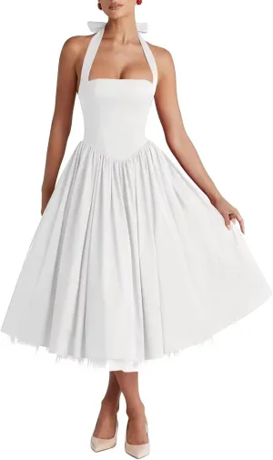 Halter Satin Prom Dresses for Women 2025 Tea Length Pleated Formal Evening Gown A Line Ball Gowns