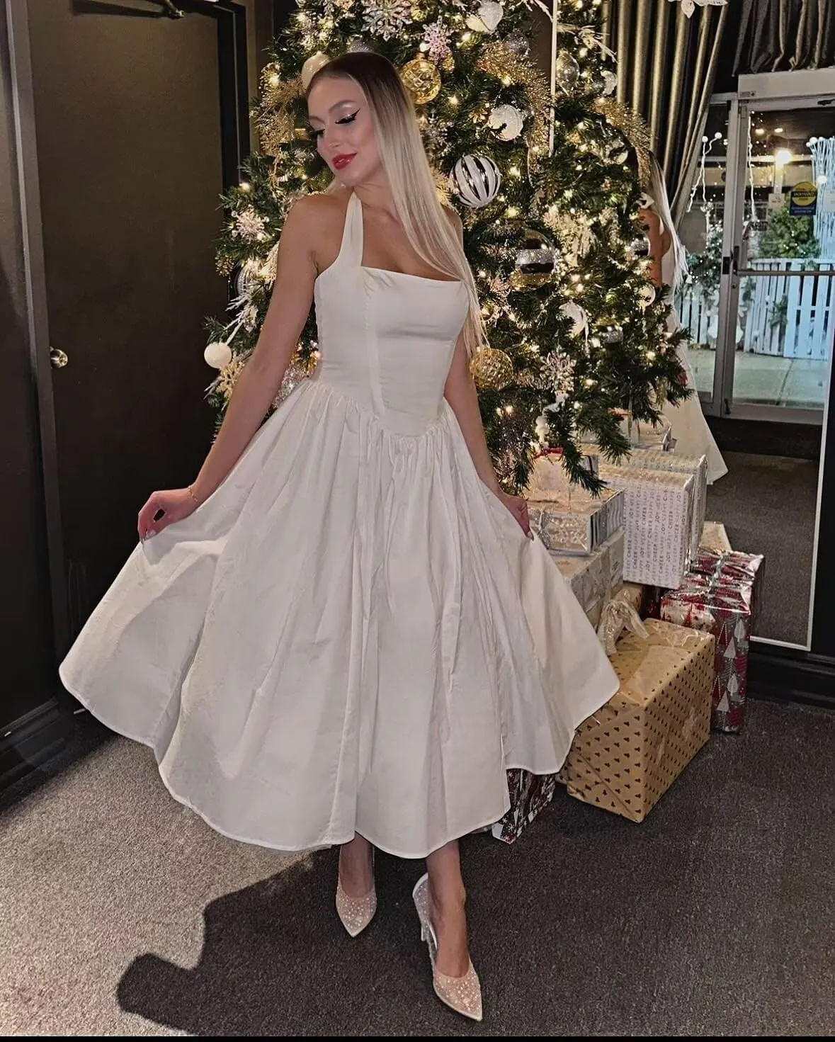 Halter Satin Prom Dresses for Women 2025 Tea Length Pleated Formal Evening Gown A Line Ball Gowns