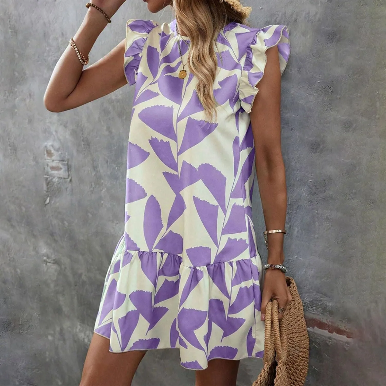 Hawaiian Dresses for Women Ruffle Sleeve Sundresses Crewneck Flowy Floral Print Casual Petite Trendy Dress Romper