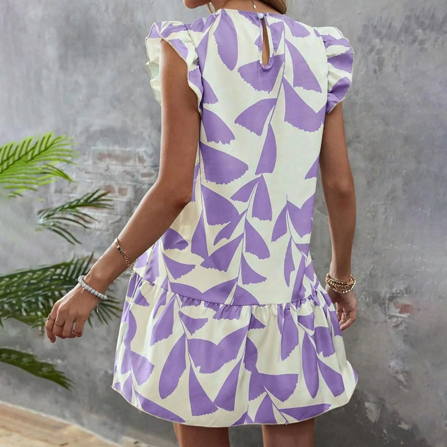 Hawaiian Dresses for Women Ruffle Sleeve Sundresses Crewneck Flowy Floral Print Casual Petite Trendy Dress Romper