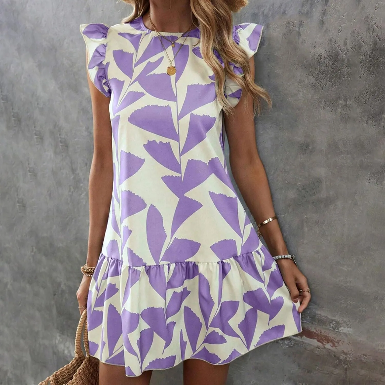 Hawaiian Dresses for Women Ruffle Sleeve Sundresses Crewneck Flowy Floral Print Casual Petite Trendy Dress Romper