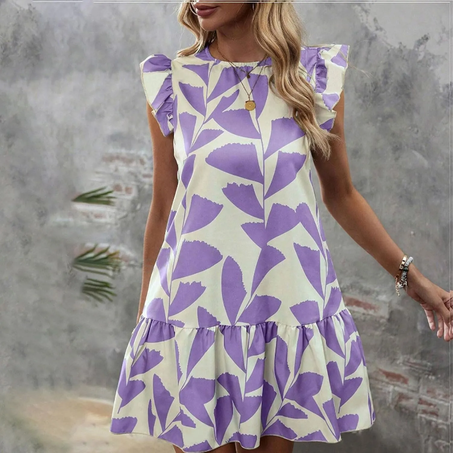 Hawaiian Dresses for Women Ruffle Sleeve Sundresses Crewneck Flowy Floral Print Casual Petite Trendy Dress Romper
