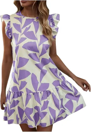 Hawaiian Dresses for Women Ruffle Sleeve Sundresses Crewneck Flowy Floral Print Casual Petite Trendy Dress Romper