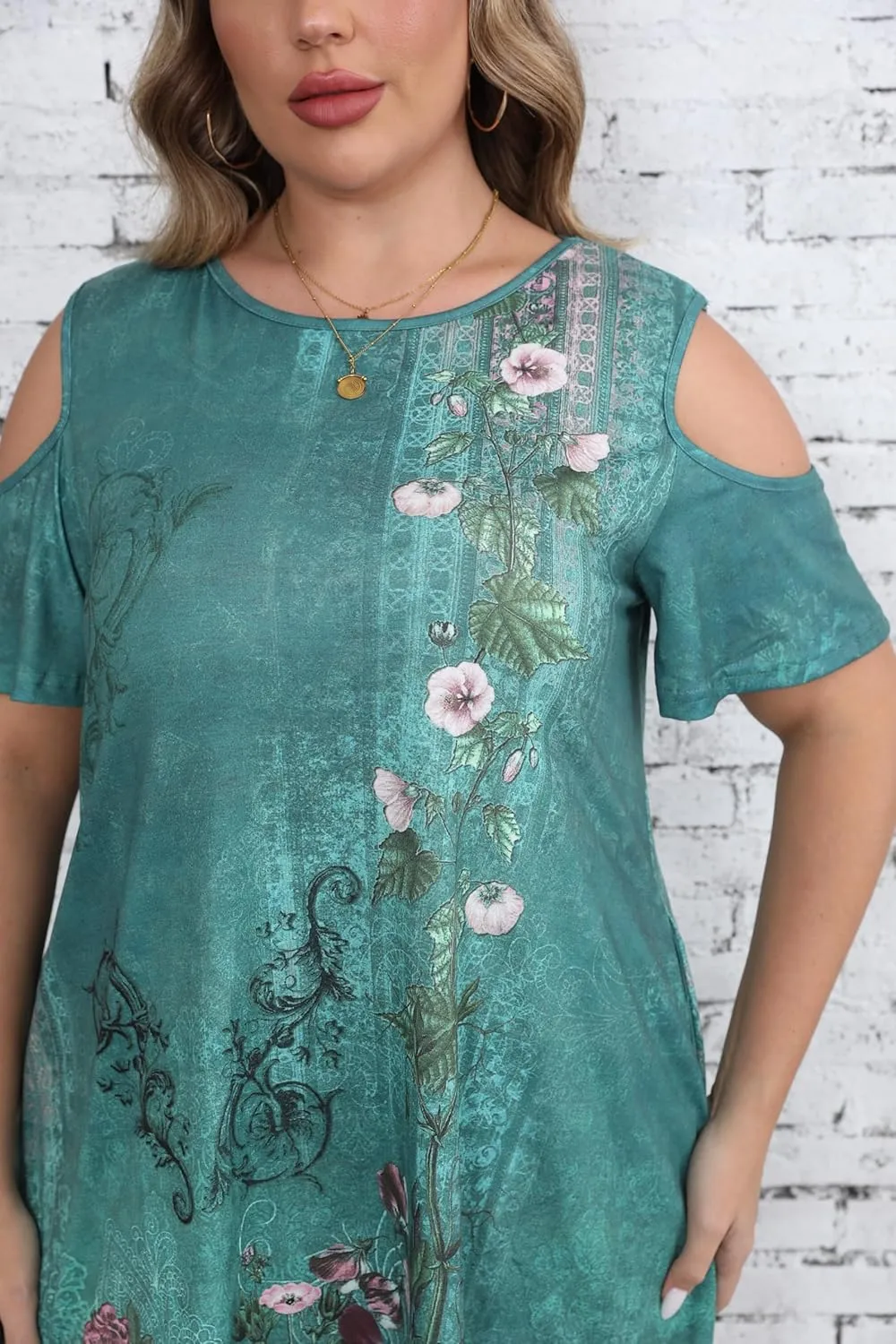 HBEYYTO Women Plus Size Dresses Cold Shoulder Short Sleeve Casual Loose T-Shirt Swing Dress with Pockets