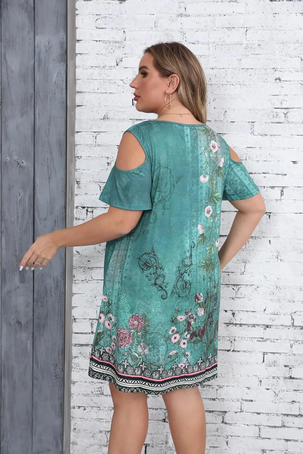 HBEYYTO Women Plus Size Dresses Cold Shoulder Short Sleeve Casual Loose T-Shirt Swing Dress with Pockets