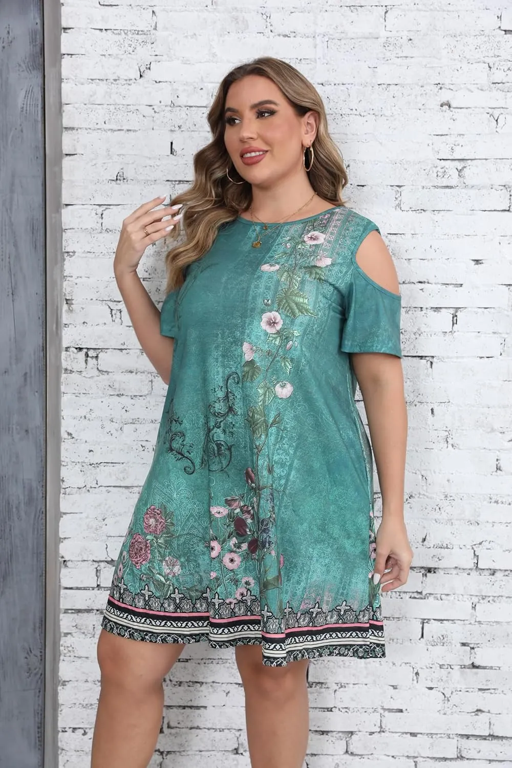 HBEYYTO Women Plus Size Dresses Cold Shoulder Short Sleeve Casual Loose T-Shirt Swing Dress with Pockets