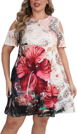 HBEYYTO Women Plus Size Dresses Cold Shoulder Short Sleeve Casual Loose T-Shirt Swing Dress with Pockets