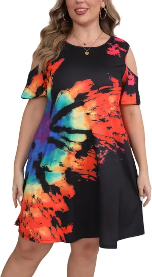 HBEYYTO Women Plus Size Dresses Cold Shoulder Short Sleeve Casual Loose T-Shirt Swing Dress with Pockets