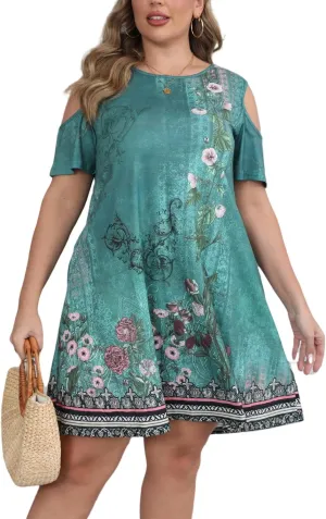HBEYYTO Women Plus Size Dresses Cold Shoulder Short Sleeve Casual Loose T-Shirt Swing Dress with Pockets