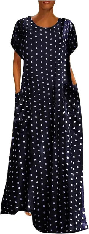 HGOOGY Midi Dress Summer Size Plus Print Women Maxi Dot Loose Sleeve Dresses Short Holiday Polka Beach Dress Plus