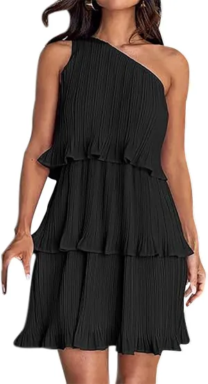 HGps8w One Shoulder Dresses for Women Summer Sleeveless Ruffle Tiered Layered Chiffon Flowy A Line Mini Dress for Party