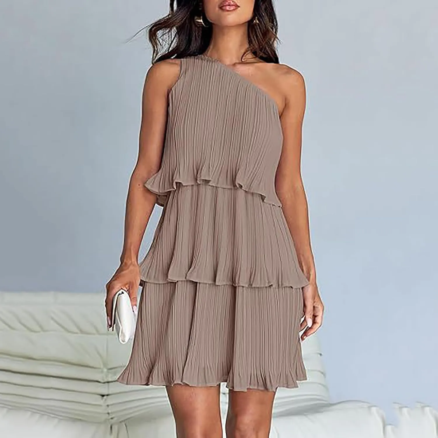 HGps8w One Shoulder Dresses for Women Summer Sleeveless Ruffle Tiered Layered Chiffon Flowy A Line Mini Dress for Party