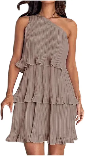 HGps8w One Shoulder Dresses for Women Summer Sleeveless Ruffle Tiered Layered Chiffon Flowy A Line Mini Dress for Party