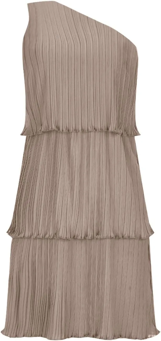 HGps8w One Shoulder Dresses for Women Summer Sleeveless Ruffle Tiered Layered Chiffon Flowy A Line Mini Dress for Party