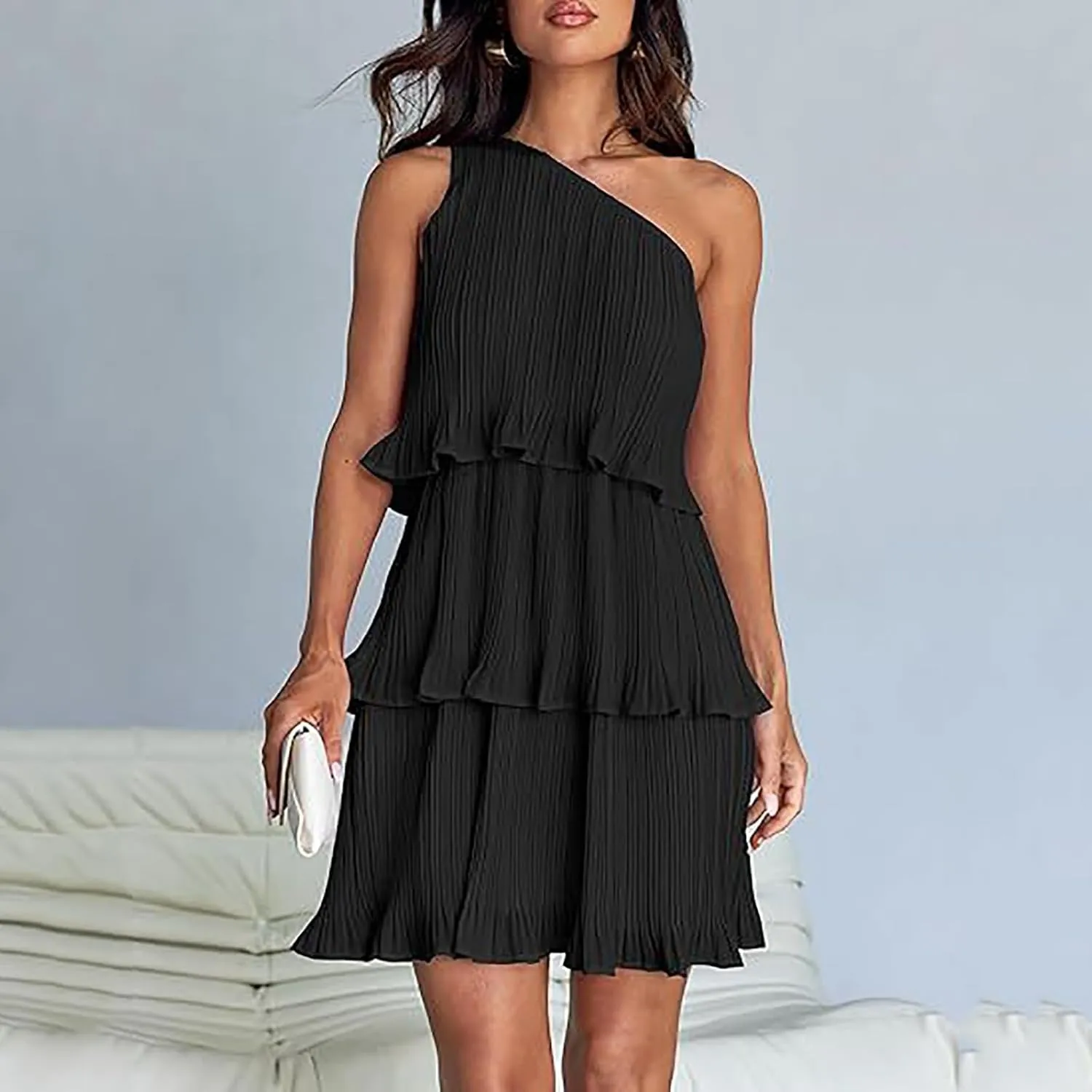 HGps8w One Shoulder Dresses for Women Summer Sleeveless Ruffle Tiered Layered Chiffon Flowy A Line Mini Dress for Party