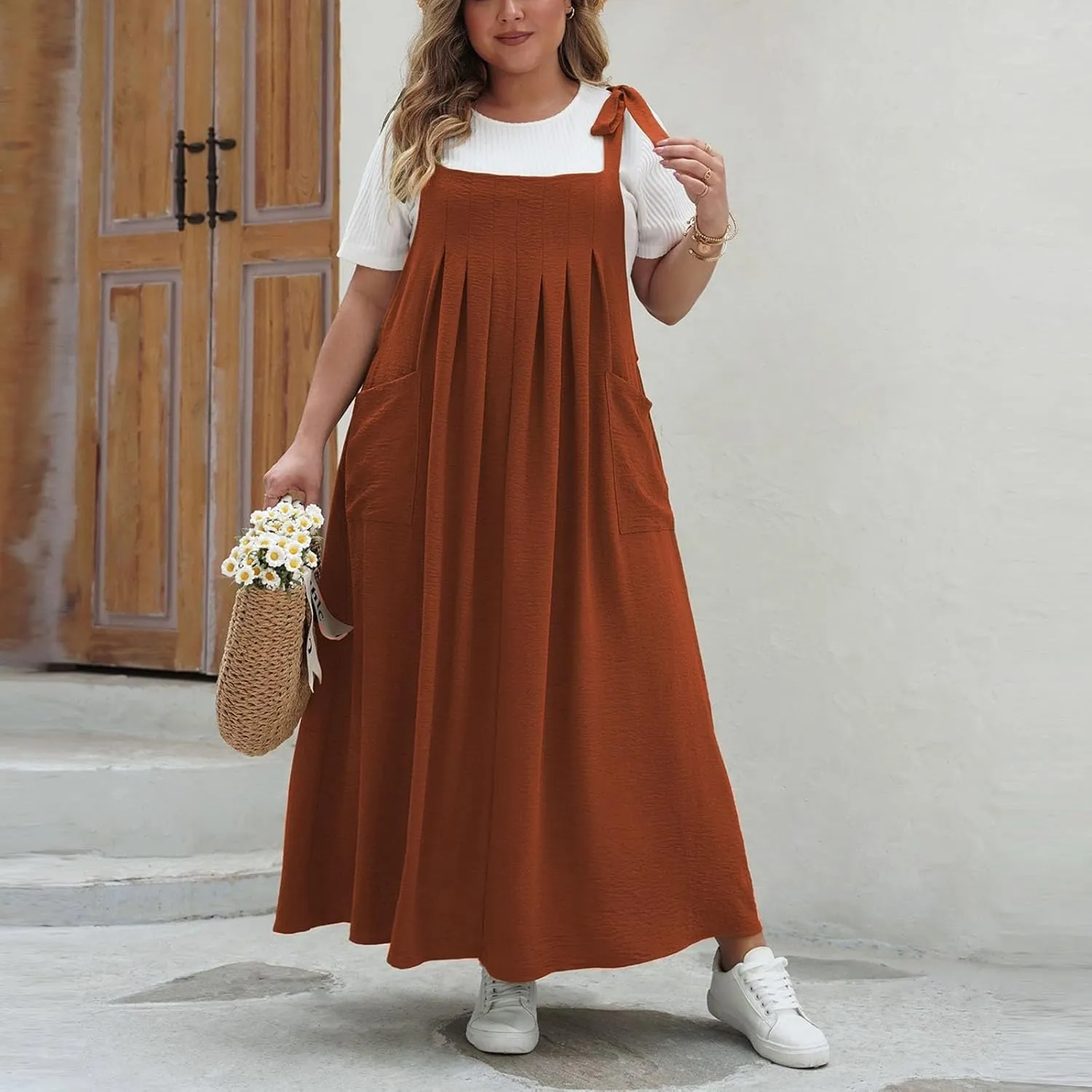 HGps8w Plus Size Womens Bib Overall Jumper Dress Loose Linen Adjustable Straps Suspender Pinafore Maxi Dress with Pockets