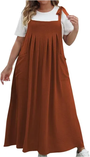 HGps8w Plus Size Womens Bib Overall Jumper Dress Loose Linen Adjustable Straps Suspender Pinafore Maxi Dress with Pockets