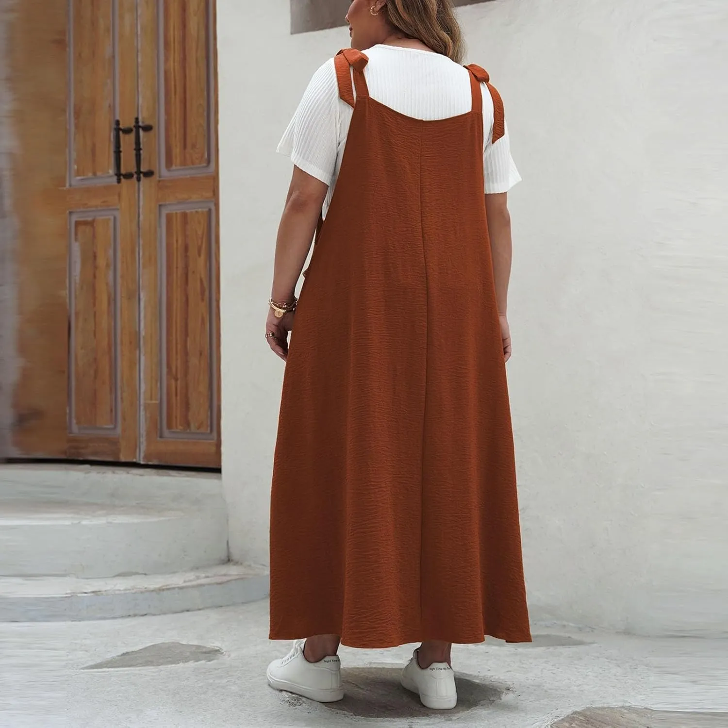 HGps8w Plus Size Womens Bib Overall Jumper Dress Loose Linen Adjustable Straps Suspender Pinafore Maxi Dress with Pockets