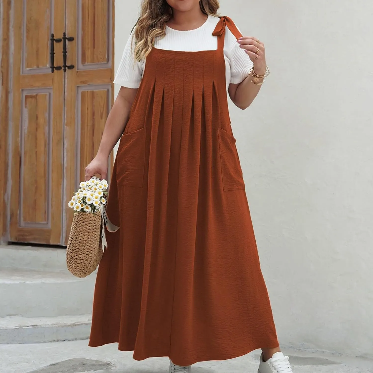 HGps8w Plus Size Womens Bib Overall Jumper Dress Loose Linen Adjustable Straps Suspender Pinafore Maxi Dress with Pockets