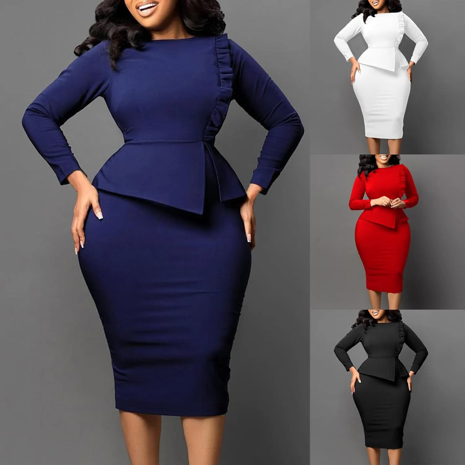 HGps8w Plus Size Women's Peplum Bodycon Midi Dresses Long Sleeve Ruffle Wear to Work Slim Fit Business Pencil Dress