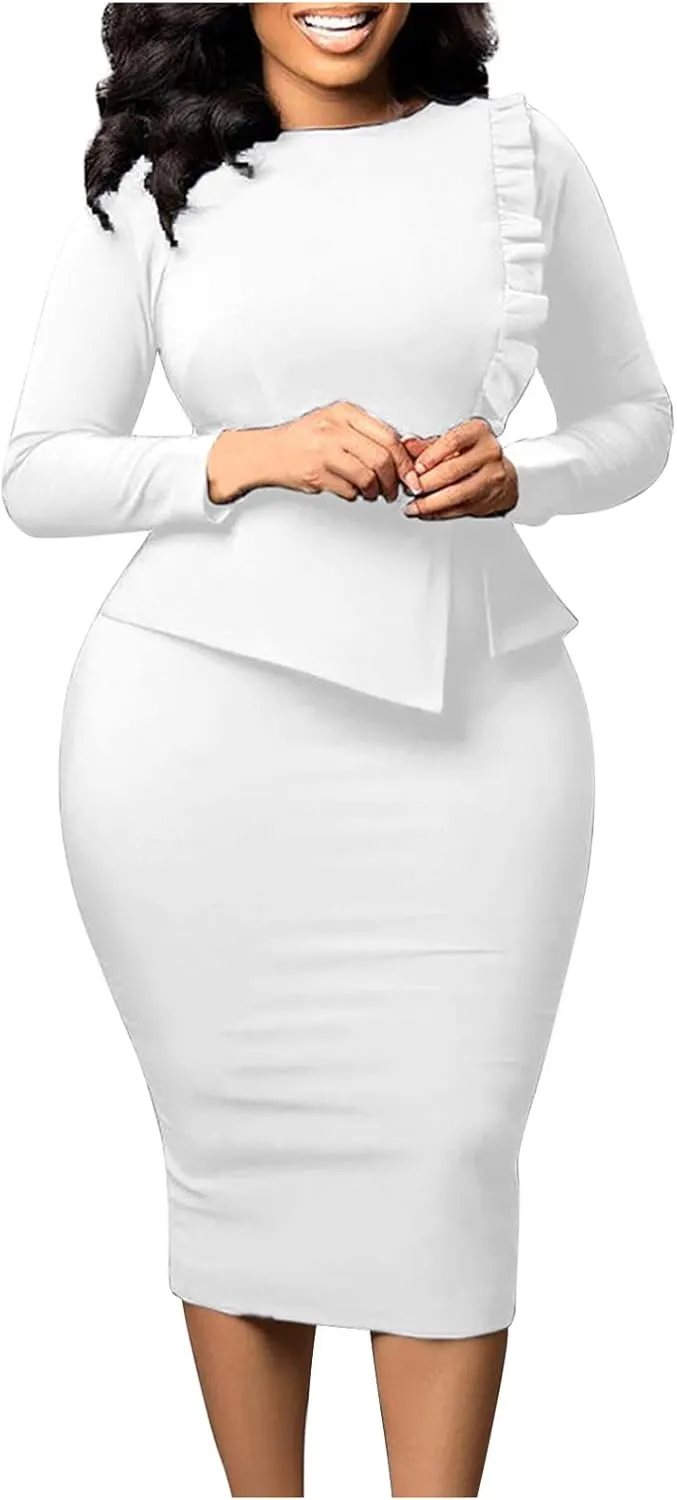 HGps8w Plus Size Women's Peplum Bodycon Midi Dresses Long Sleeve Ruffle Wear to Work Slim Fit Business Pencil Dress