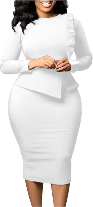 HGps8w Plus Size Women's Peplum Bodycon Midi Dresses Long Sleeve Ruffle Wear to Work Slim Fit Business Pencil Dress