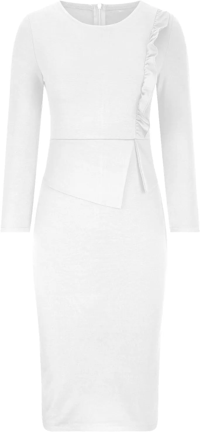 HGps8w Plus Size Women's Peplum Bodycon Midi Dresses Long Sleeve Ruffle Wear to Work Slim Fit Business Pencil Dress