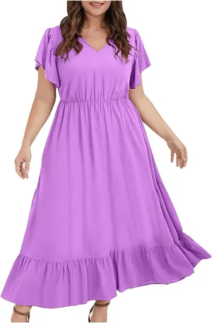 HGps8w Womens Flutter Sleeve Plus Size Summer Maxi Dress Elegant V Neck Ruffle Hem A-Line Swing Cocktail Dresses with Pockets