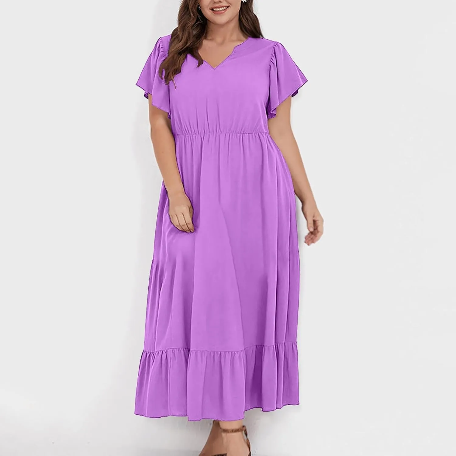 HGps8w Womens Flutter Sleeve Plus Size Summer Maxi Dress Elegant V Neck Ruffle Hem A-Line Swing Cocktail Dresses with Pockets